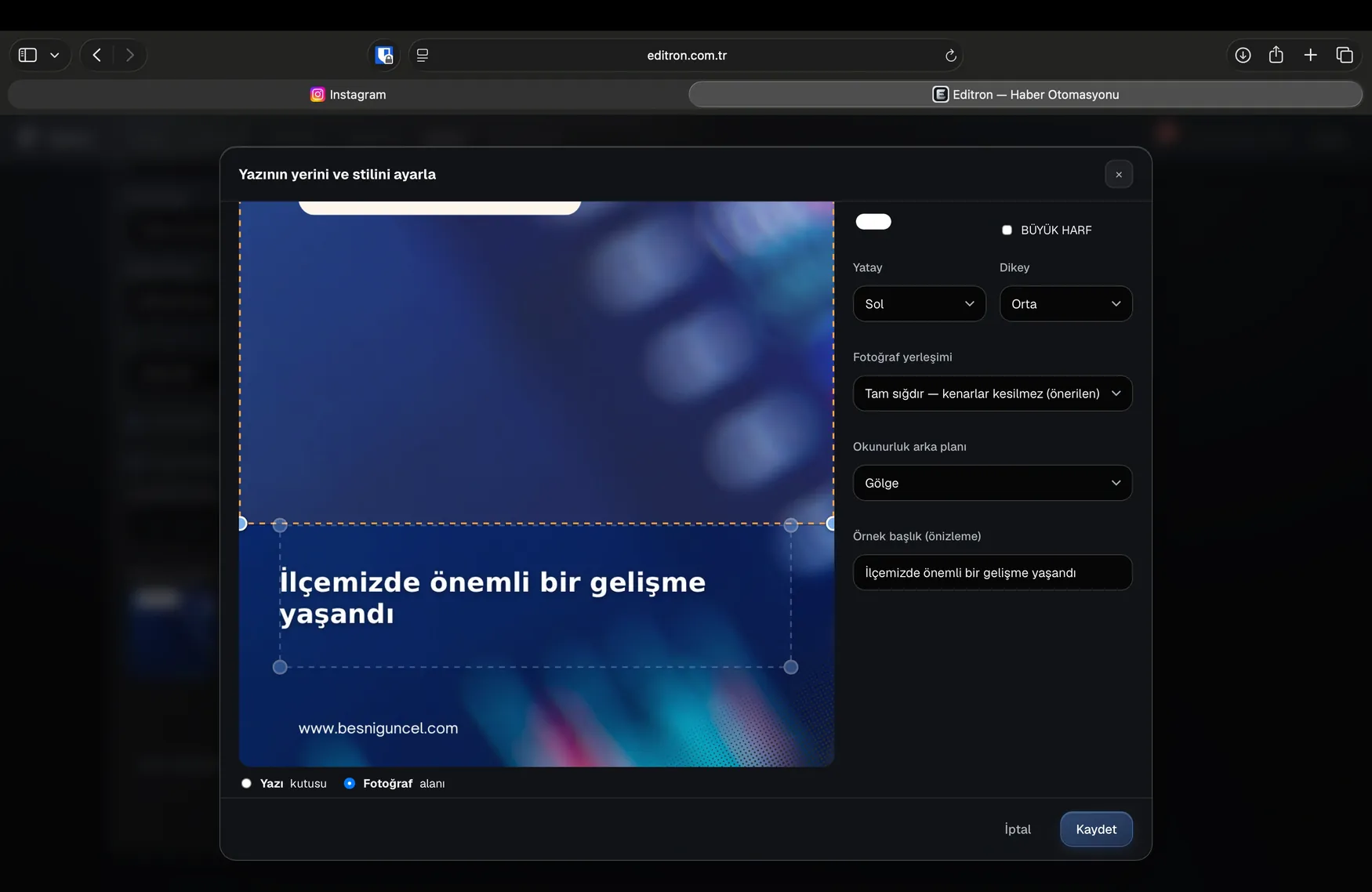 Şablonda fotoğrafın yerini ayarlama