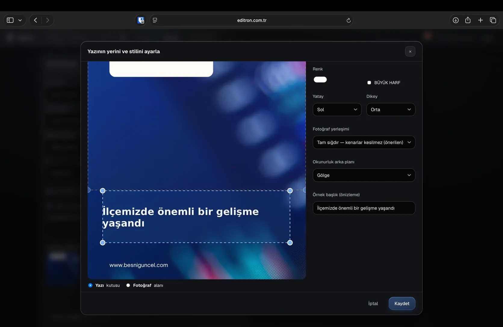 Şablonda yazının yerini ayarlama
